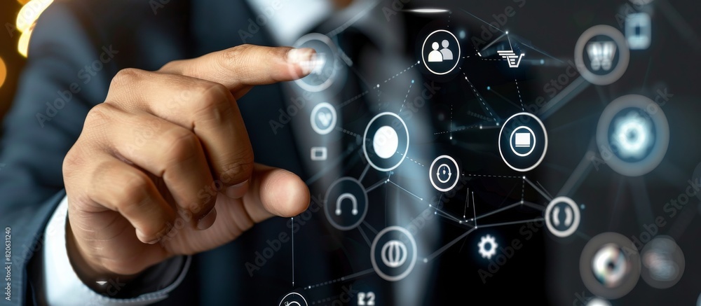 Poster in a futuristic scenario, a businessman utilizes an advanced virtual interface, embodying tech innov