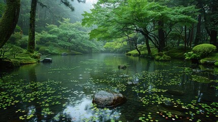 The lush gardens of Kenrokuen in Kanazawa, glistening with raindrops