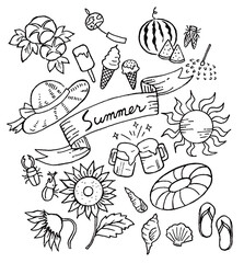 モノクロの手描きの夏モチーフイラストセット（塗り絵にも）