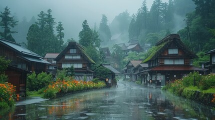 Fototapeta premium The picturesque village of Gokayama, with its gassho-zukuri houses under the rain
