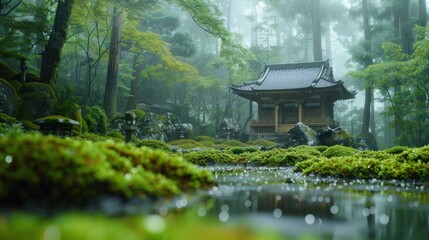 The tranquil Saiho-ji (Moss Temple) in Kyoto, with vibrant green moss glistening with rain