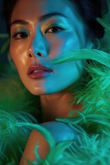 pretty asian woman with chiseled feathers in green