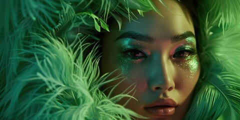pretty asian woman with chiseled feathers in green