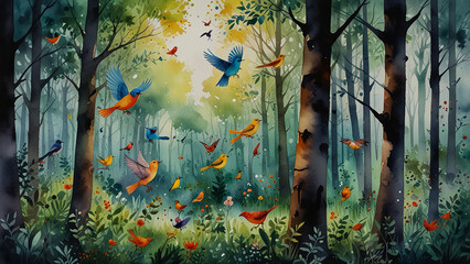 Watercolor painting: A chorus of songbirds filling the forest with their harmonious melodies,...