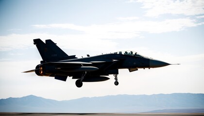 Silhouette of a sleek fighter jet captured in mid-flight with landing gear engaged, against a stark landscape of distant mountains under clear skies.. AI Generation