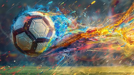 Dynamic soccer ball bursting with colorful energy