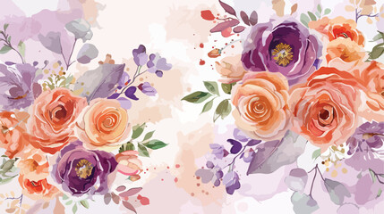 Purple peach floral watercolor bouquet for background