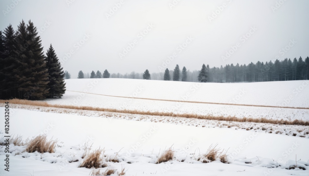 Poster a serene winter landscape showcasing snow-covered fields, a line of dry grass, and pine trees under 
