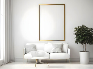 Blank horizontal poster frame mock up in scandinavian style living room interior, modern living room interior background, beige sofa and pampas grass, 3d rendering