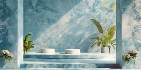 Blue Marble Podium with Green Plants