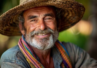 Fototapeta premium portrait of a smiling old man wearing a straw hat