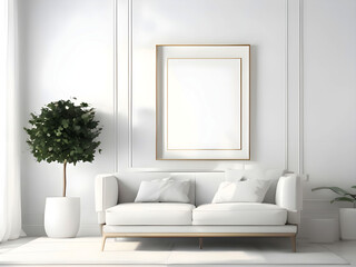 Blank horizontal poster frame mock up in scandinavian style living room interior, modern living room interior background, beige sofa and pampas grass, 3d rendering