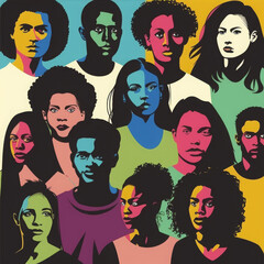 Colorful silhouettes of a diverse and multicultural community. Illustration of a multi-ethnic group of people, crowded people
