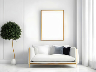 Blank horizontal poster frame mock up in scandinavian style living room interior, modern living room interior background, beige sofa and pampas grass, 3d rendering