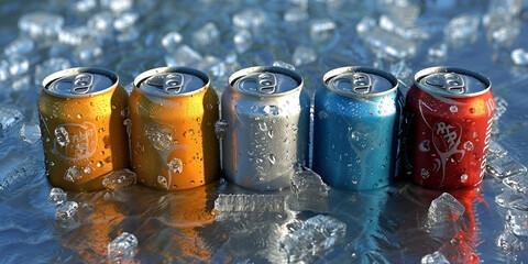Bright colored iron soda cans with condensation on a dark background 