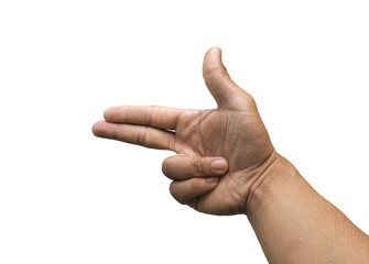Male hand making a gesture like holding a gun, gun symbol or shooting a gun, isolated on white...