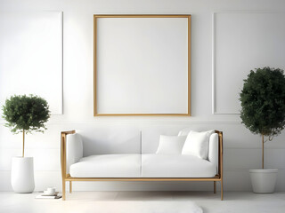 Blank horizontal poster frame mock up in scandinavian style living room interior, modern living room interior background, beige sofa and pampas grass, 3d rendering