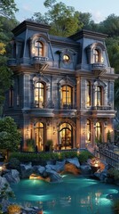 Fototapeta premium European-style villa with beautiful water features