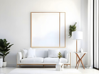 Blank horizontal poster frame mock up in scandinavian style living room interior, modern living room interior background, beige sofa and pampas grass, 3d rendering
