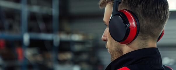 Side View of Worker Wearing Ear Protection in Industrial Area