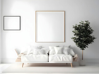 Blank horizontal poster frame mock up in scandinavian style living room interior, modern living room interior background, beige sofa and pampas grass, 3d rendering