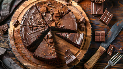 Wooden board with pieces of tasty chocolate cake on ta
