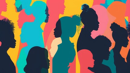 Colorful silhouettes of a diverse and multicultural community. Illustration of a multi-ethnic group of people, crowded people