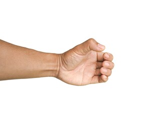 Man's hands gesture as if holding something such as a water bottle, isolated on white background.	