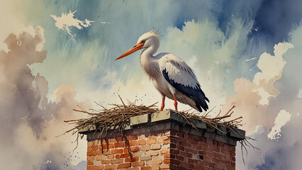 Watercolor painting: A stork nesting high atop a chimney, its impressive wingspan and gentle demeanor a symbol of hope and new life,