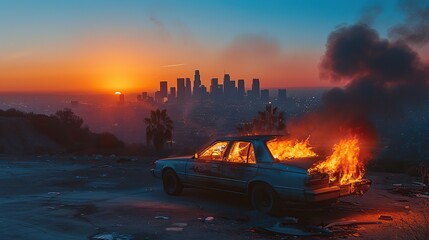 Getaway car on fire, abandoned on Mulholland drive. Sunset. Deep blue sky. View of los angeles...
