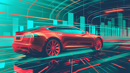 Obraz premium 3D illustration of a red car driving through futuristic city.