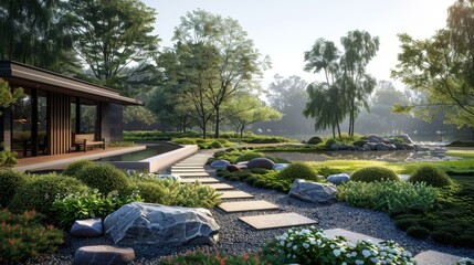 Tranquil Japanese Garden with Pond and Bridge