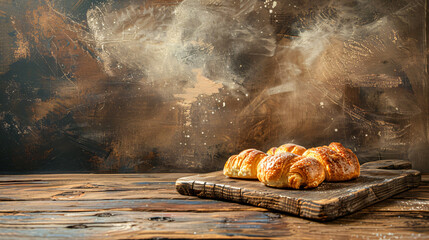 Wooden board with tasty choux dessert on grunge background