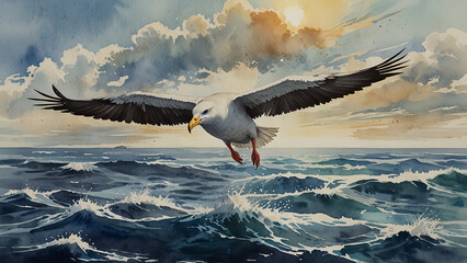 Watercolor painting: An albatross soaring above the open ocean, its enormous wingspan and tireless flight a testament to its incredible endurance