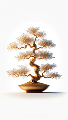 Surreal 3D ancient bonsai tree made by gold and translucent glass leave isolated on white background in concept luxury.