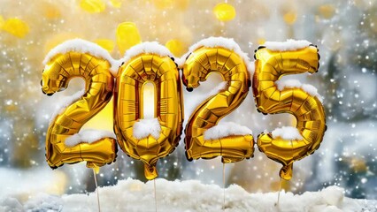 luxury gold foil balloons in shape of 2025 snowy festive setting, christmas video and greeting card, holiday season celebration. - Powered by Adobe