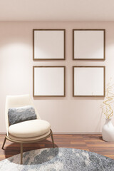 3d render of armchair and frame mock up on white wall backdrop. Wood parquet floor and white ceiling. Set 19