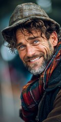 Fototapeta premium portrait of a smiling man wearing a hat and scarf