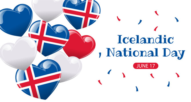 Icelandic National Day. Banner with Iceland flags in the shape of a heart. Holiday illustration. Vector - Powered by Adobe