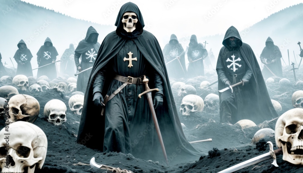 Poster a chilling depiction of a grim reaper with sword among hooded figures in a foggy landscape littered 