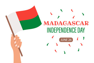 Madagascar Independence Day. Banner with hand with Madagascar flag. Holiday illustration. Vector - Powered by Adobe