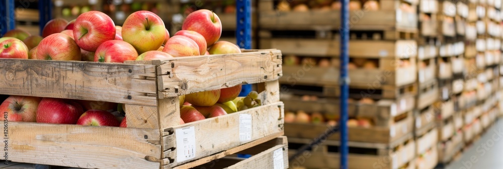 Poster fresh organic ripe apples in wooden crates at warehouse with blurred background and space for text