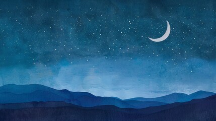 Watercolor painting of a night landscape where the sky is lit up with stars and the moon. Use for wallpapers, posters, postcards, brochures.