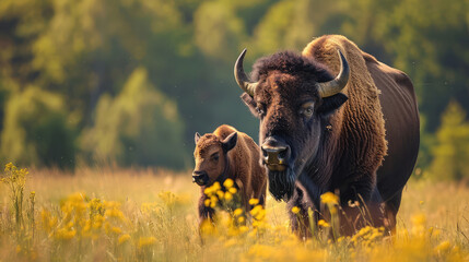 Warm Bison Mother and Calf Scene in Grassland