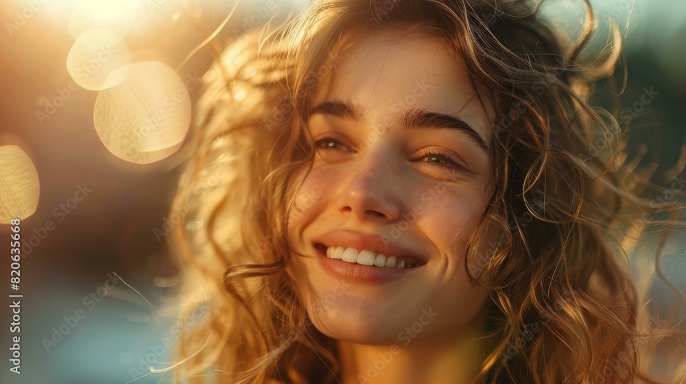 Wall mural Portrait of a beautiful young woman with curly hair smiling