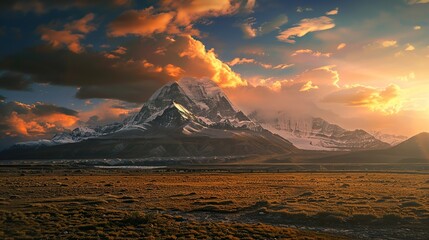 Spring, Mount Kailash, sunrise. copy space for text.