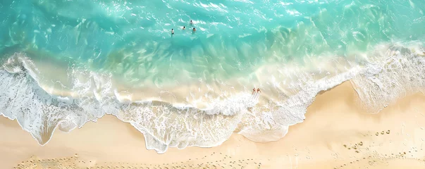 Selbstklebende Fototapeten Aerial view of a beautiful beach with turquoise waters, soft sand, and a solitary umbrella, creating a serene and inviting coastal scene. © Tanakorn