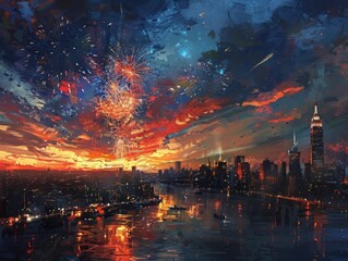Fireworks light up the sky over a city at night.