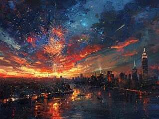 Fototapeta premium Fireworks light up the sky over a city at night.