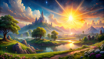 magical fantasy landscape with sun